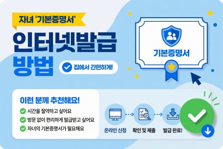 자녀 기본증명서를 인터넷으로 발급하는 절차를 보여주는 일러스트