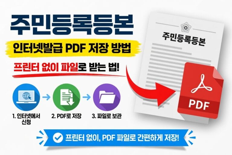 주민등록등본을 인터넷으로 발급해 PDF 파일로 저장하는 방법을 보여주는 일러스트