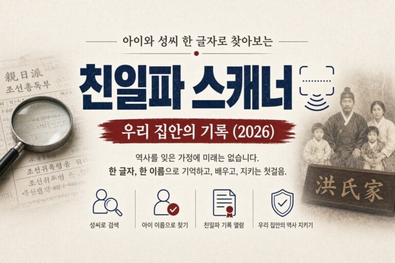 친일파 스캐너로 성씨와 이름을 검색해 집안의 기록을 살펴보는 모습을 담은 대표 이미지