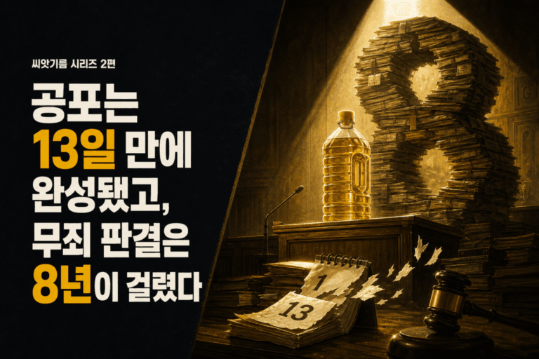 법정 재판대 위 식용유 병과 서류 더미로 쌓인 숫자 8, 13일이 넘어가는 달력 — 우지파동 편 대표이미지