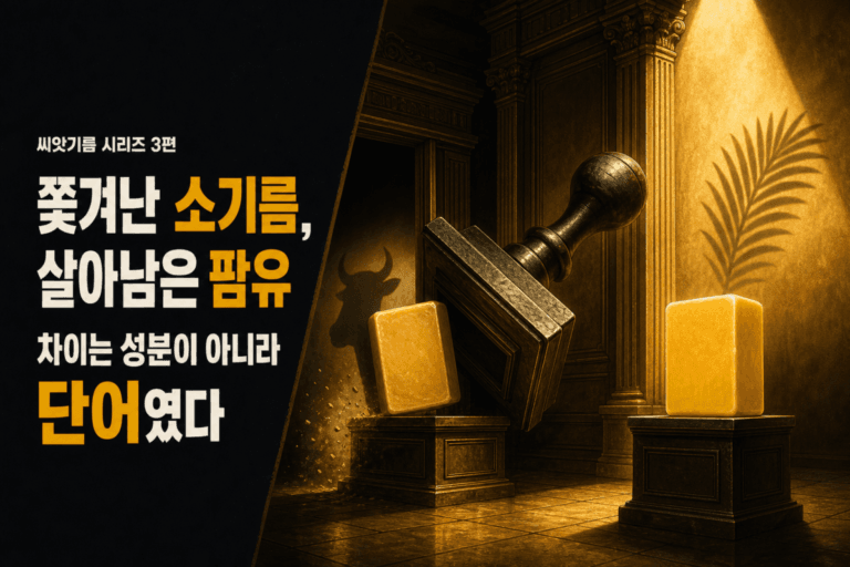 법정 저울 양쪽의 소기름과 팜유, 쫓겨난 소기름과 살아남은 팜유 문구가 있는 타이틀 이미지