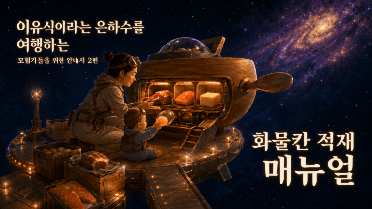 나무 우주선 화물칸에 소고기, 연어, 버터를 싣는 부모와 노른자를 든 아기, 은하수 배경 일러스트