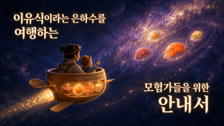 나무 숟가락 우주선을 타고 소고기, 노른자, 생선, 버터 행성이 떠 있는 은하수를 여행하는 부모와 아기 일러스트