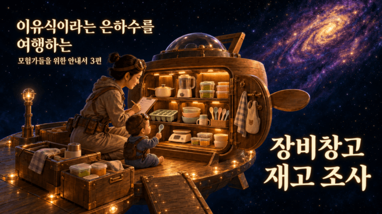 이유식이라는 은하수를 여행하는 모험가들을 위한 안내서 3편, 장비창고 재고 조사. 우주선 장비창고 앞에서 아기와 함께 이유식 도구를 점검하는 부모